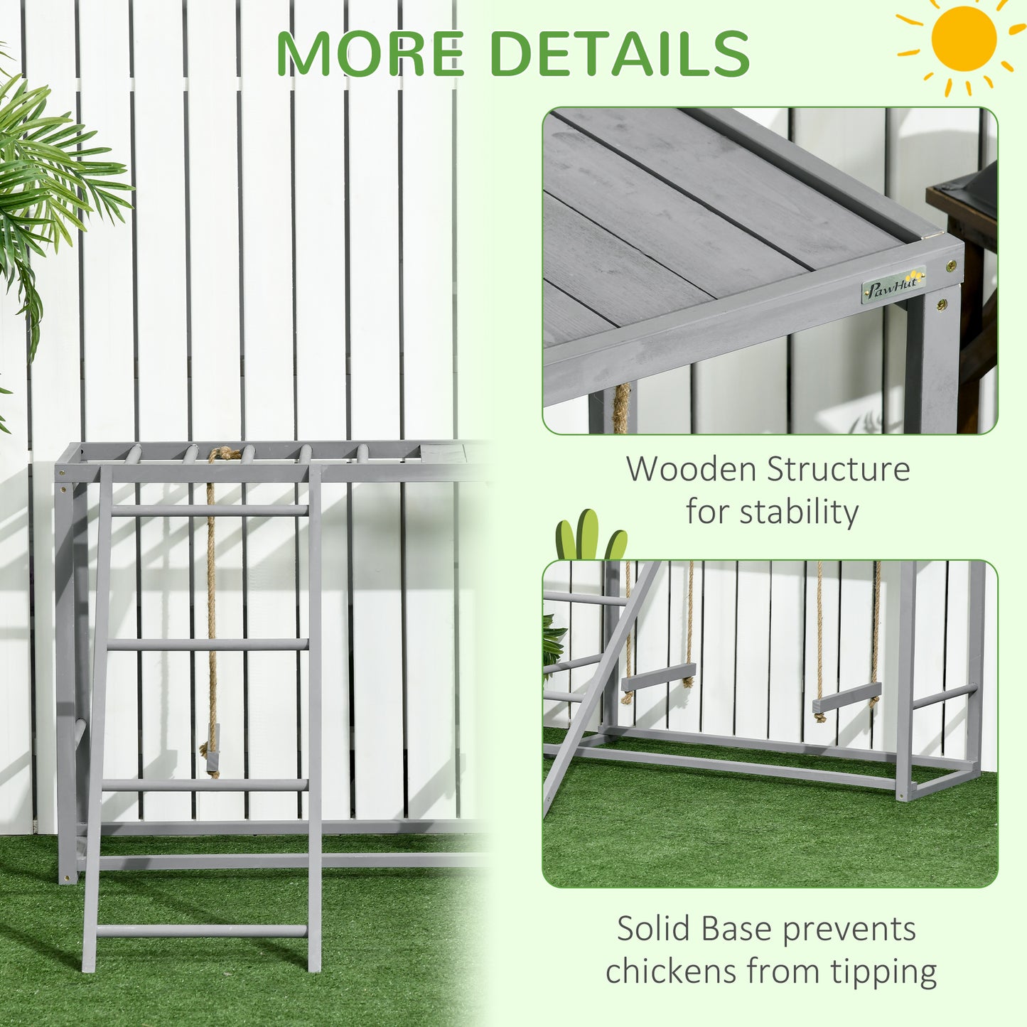 Swing Set For 3-4 Birds, Wooden Coop Accessory With Multiple Perches And Hen Ladder Grey