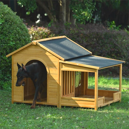 60.2 Large Wooden Dog House With Porch, Cabin Style Dog Crate With Asphalt Roof And Elevated Floor, Dog Kennel With Side Window And Doors, Perfect For Medium & Large Dogs, Nature