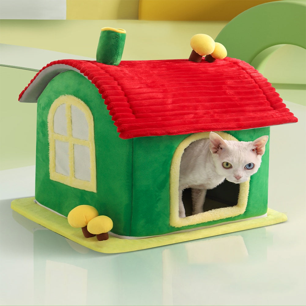 Cat Bed Indoor Enclosed Warm Cave - Cat Bed With Removable Cleaning Mat, Ample Interior Space, Comfortable And Soft Pet House, Red And Green Colors, Cute And Friendly Indoor Cat Bed, Universal Cat Bed