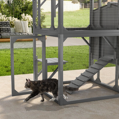 Catio Cat House Outdoor Large Cat Enclosure, Wooden Cat Cage For Multiple Cats With Jumping Platforms And Cat Swing, Removable Waterproof Cover, UV Resistant, 2 Combination, Gray