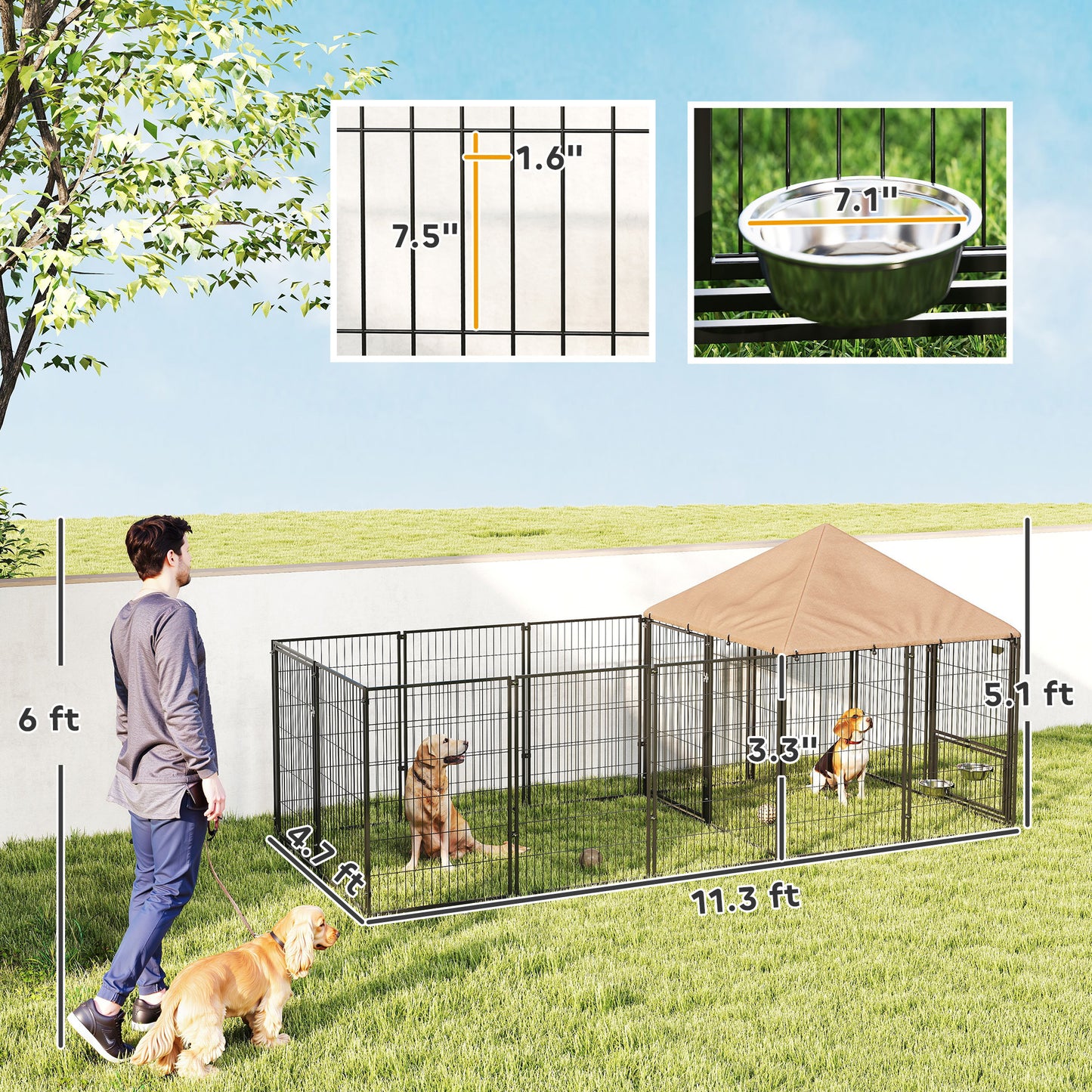 Large Outdoor Dog Kennel With Rotating & Adjustable Height Bowls, Waterproof & UV-Resistant Canopy, 11.3 X 4.7 X 5.1