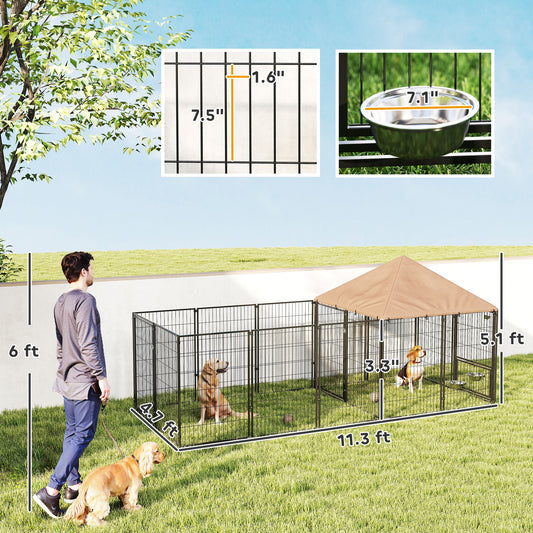 Large Outdoor Dog Kennel With Rotating & Adjustable Height Bowls, Waterproof & UV-Resistant Canopy, 11.3 X 4.7 X 5.1