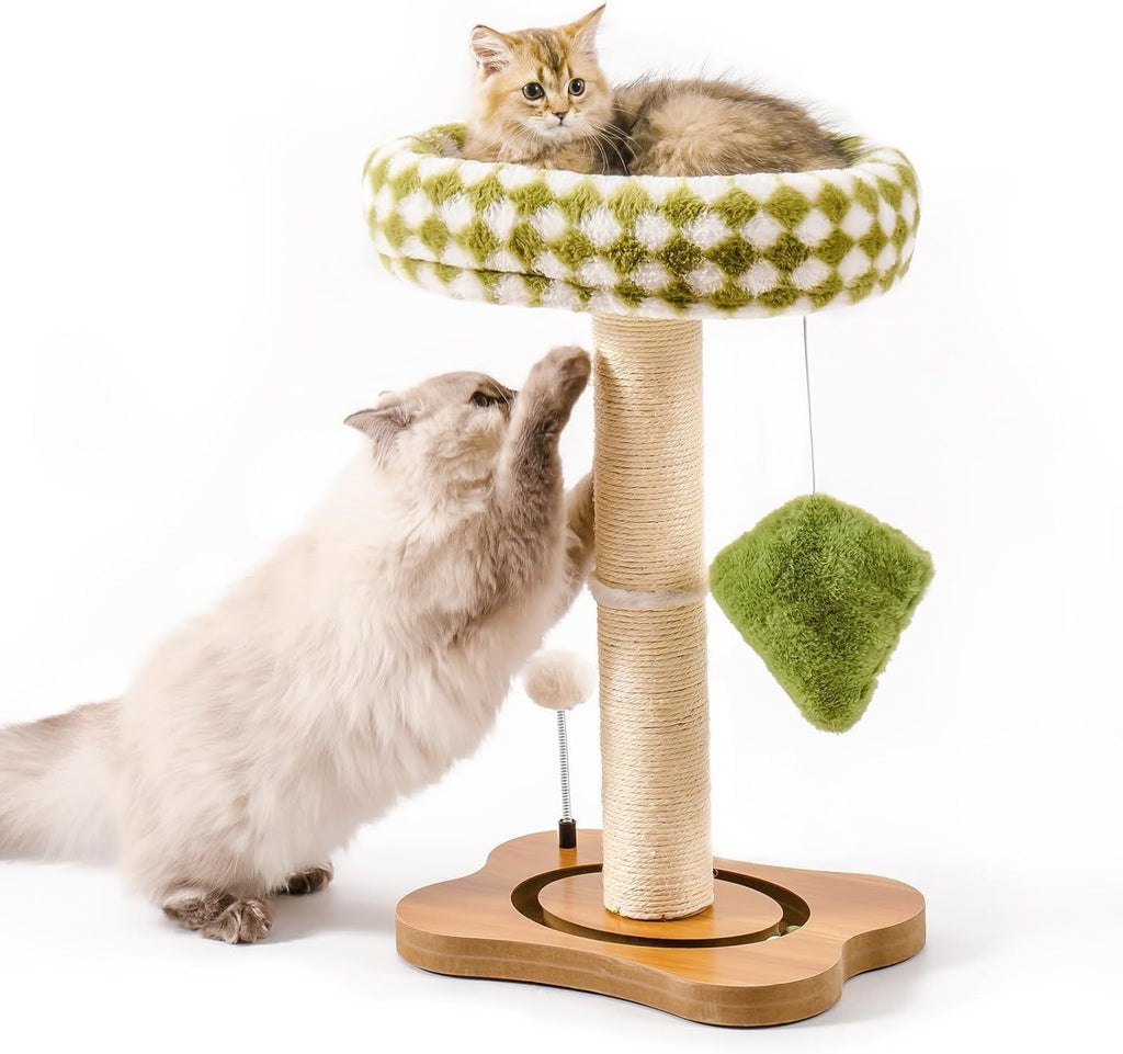 Cat Scratching Post & Bed - 2-in-1 Small Cat Tower With Sisal Scratcher And Ball Track Toys Green, Medium
