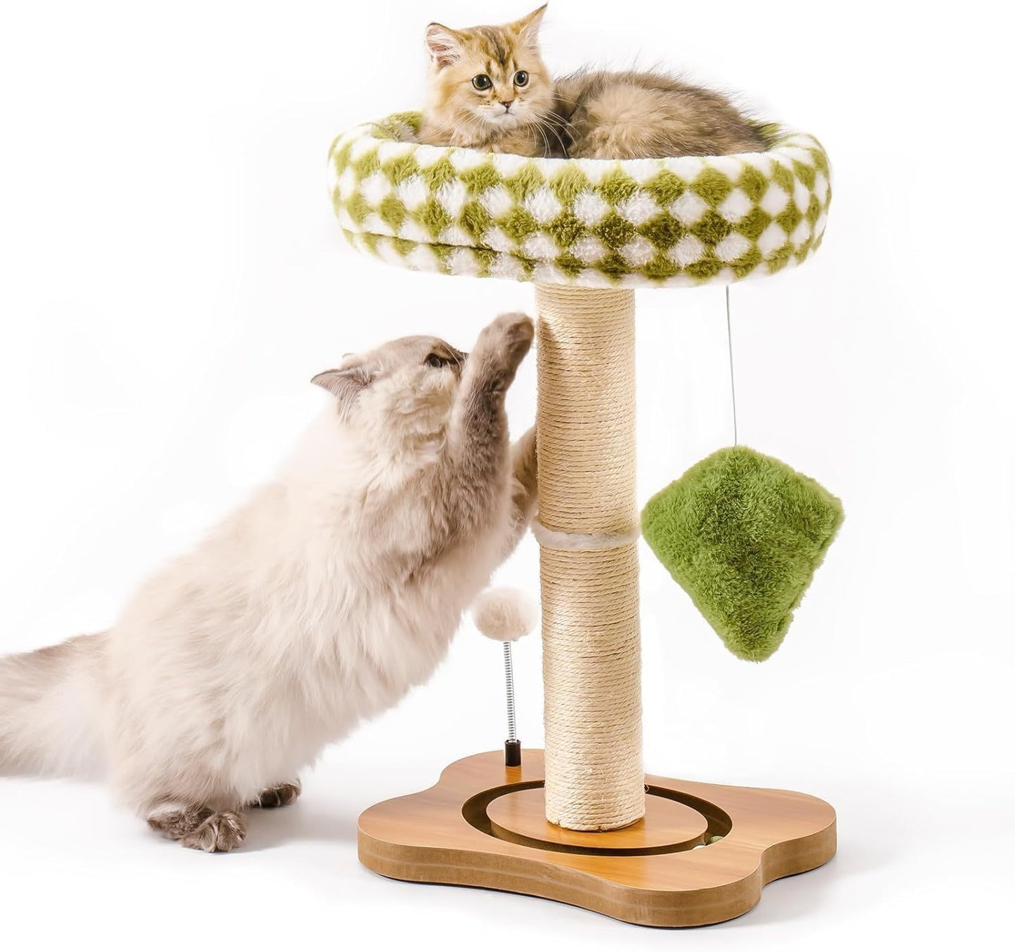 Cat Scratching Post & Bed - 2-in-1 Small Cat Tower With Sisal Scratcher And Ball Track Toys Green, Medium