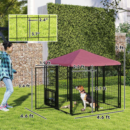 Welded Wire Outdoor Dog Kennel With 360 Rotating & 4 Levels Adjustable Bowls, Waterproof Cover, 4.6 X 4.6 X 5