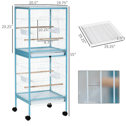 55inch 2 In 1 Bird Cage Aviary Parakeet House For Finches, Budgies With Wheels, Light Blue
