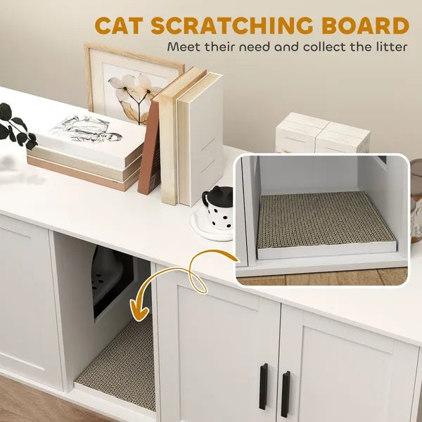 Cat Litter Box Enclosure With Double Room, Scratching Mat For 2 Cats