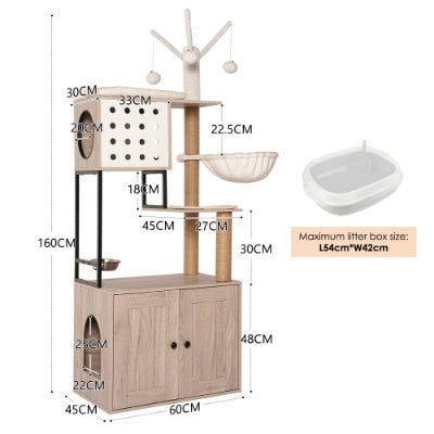 Cat Tree With Litter Box Enclosure - Modern Cat Condo With Scratching Posts, Feeding Bowl  Removable Pompom Sticks, Gray
