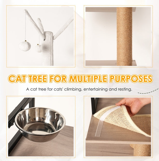 Cat Tree With Litter Box Enclosure - Modern Cat Condo With Scratching Posts, Feeding Bowl & Removable Pompom Sticks, Gray
