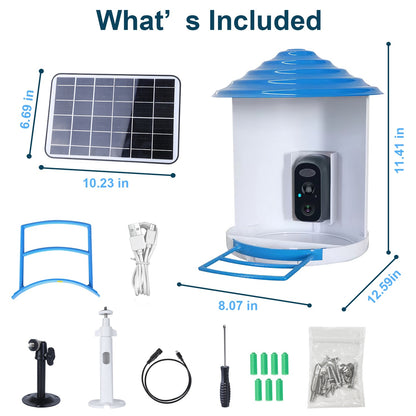 Smart Bird Feeder With Solar Powered Camera 1080P HD AI Identify PIR Motion Auto Capture Video Cloud Card Storage WiFi Connection App Control IP65 Waterproof