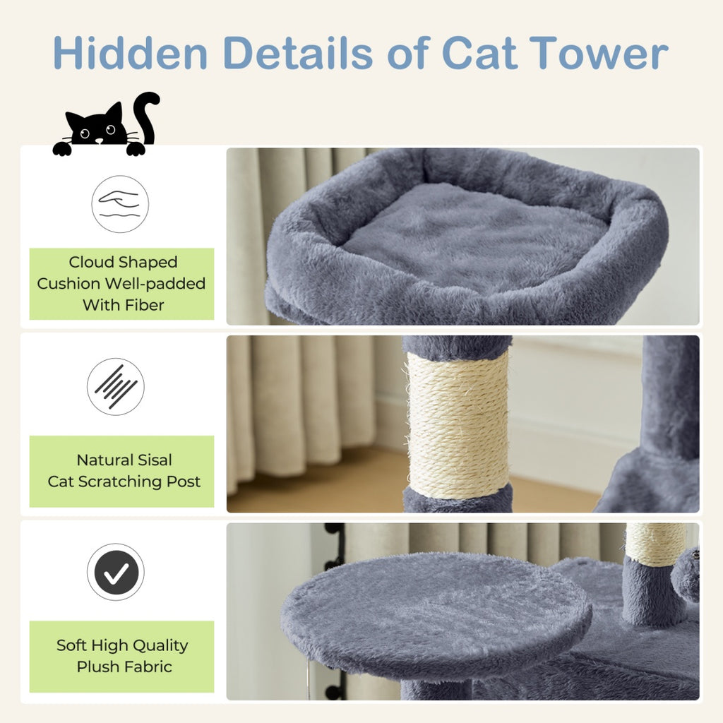 44 Inch Cat Tree Tower, Multi-Cat Climbing Tower With, Natural Sisal Scratching Posts, Extended Platform, Hammock