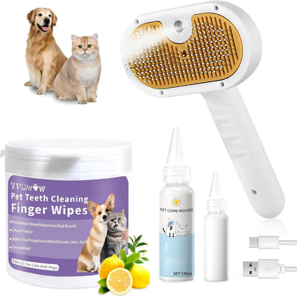 Universal Pet Steam Brush For Cats And Dogs 3-in-1 Spray Hair Removal Comb With Waterless Shampoo And Ear Towel
