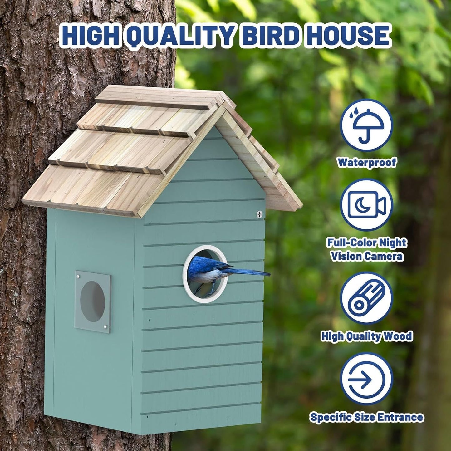 Smart Bird House,Bird Feeder With Camera - Ai Bird Species Identification, 3MP HD Photos, Inside 2.4G-Wi-Fi,1.5In Focus, Blue