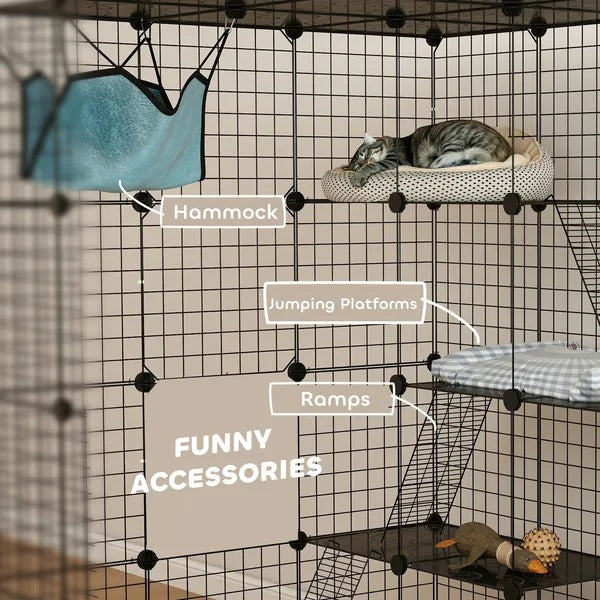 DIY 4 Tier Cat Cage Indoor With Hammock, Ramps, Jumping Platforms, Doors, Cat Enclosure For 1-3 Cats, 3 X 3 X 4, Black
