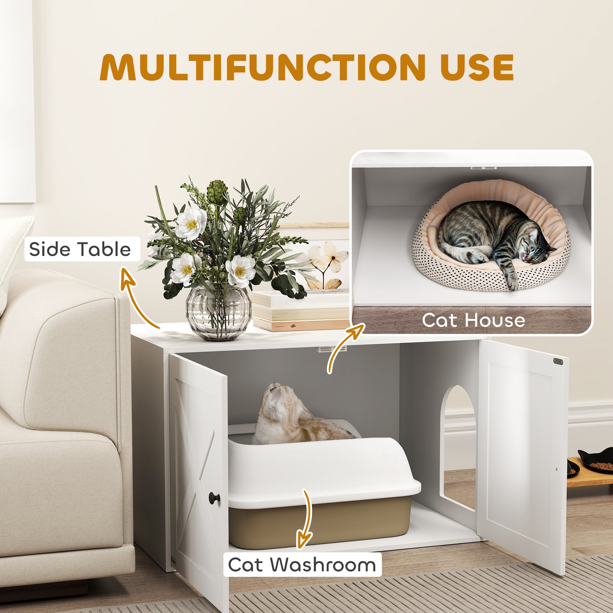 Cat Litter Box Enclosure With Barn Door, Cat Hole, 31.5 X 21 X 20, White