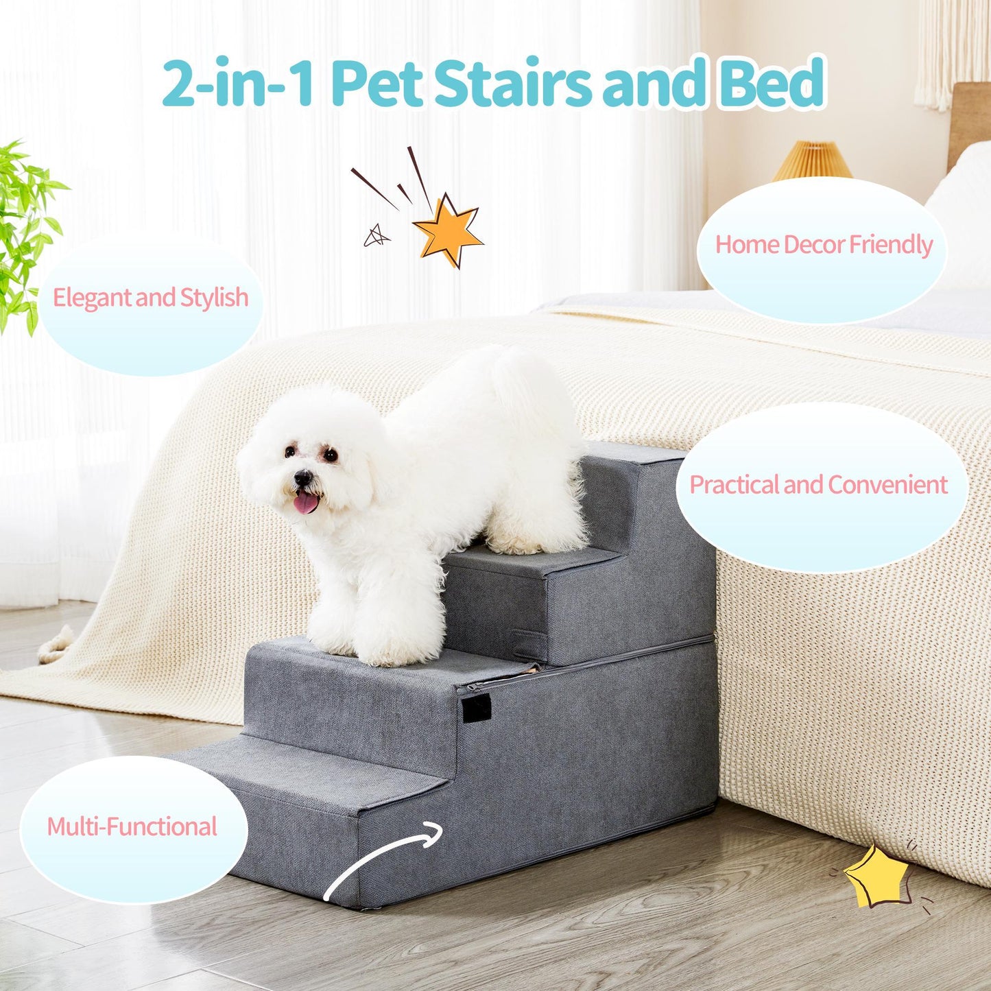 Four-step Dog Bed Indoor Non-slip Balance Pet Ramp Gray