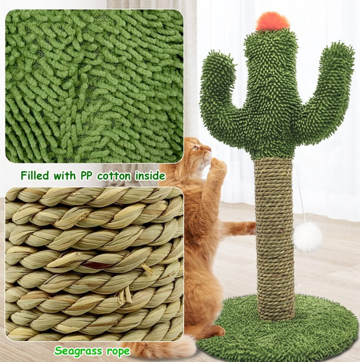 Cactus Cat Climbing Tree 2-in-1 - Solid Wood Base Natural Sisal Scratching Pillar With Hanging Ball Toy, Indoor Cat Multi-level Activity Center