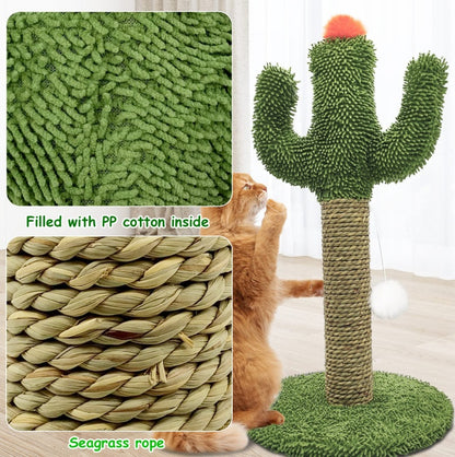 Cactus Cat Climbing Tree 2-in-1 - Solid Wood Base Natural Sisal Scratching Pillar With Hanging Ball Toy, Indoor Cat Multi-level Activity Center