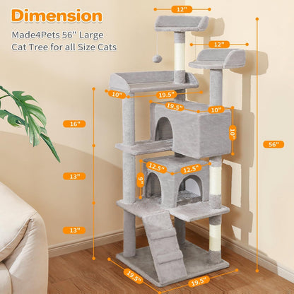 Made for Pets 56-inch Pet Cat Tree For Indoor Cats Multi-Level Cat Tree With 2 Apartments Cat Activity Center With Scratching Posts And Toys Light Gray