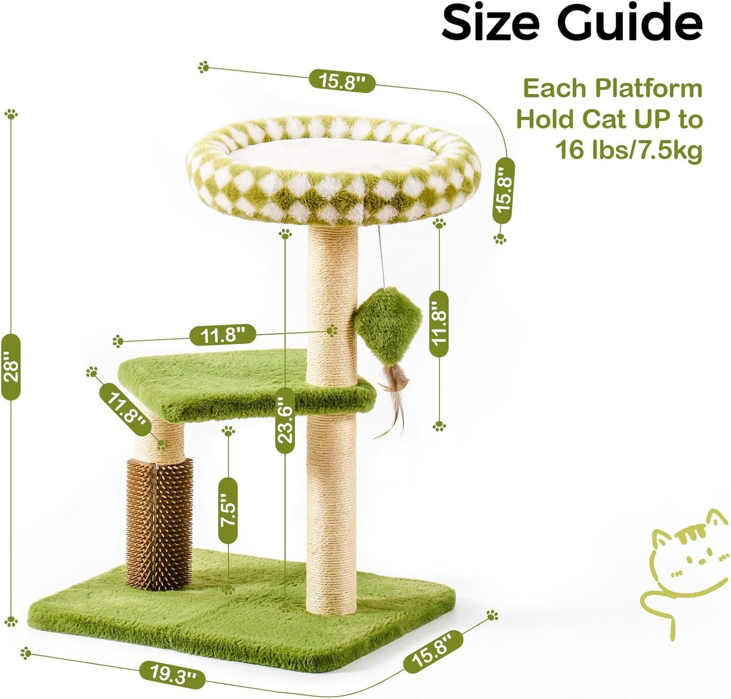Mewoo Large Cat Tree Tower For Adult Cats - Multi-Level Scratching Post With Removable Perch & Interactive Toys, Indoor Cat Furniture For Kittens Green