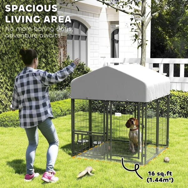 Welded Wire Outdoor Dog Kennel With Rotating & 4 Levels Adjustable Bowls