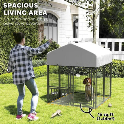 Welded Wire Outdoor Dog Kennel With Rotating & 4 Levels Adjustable Bowls