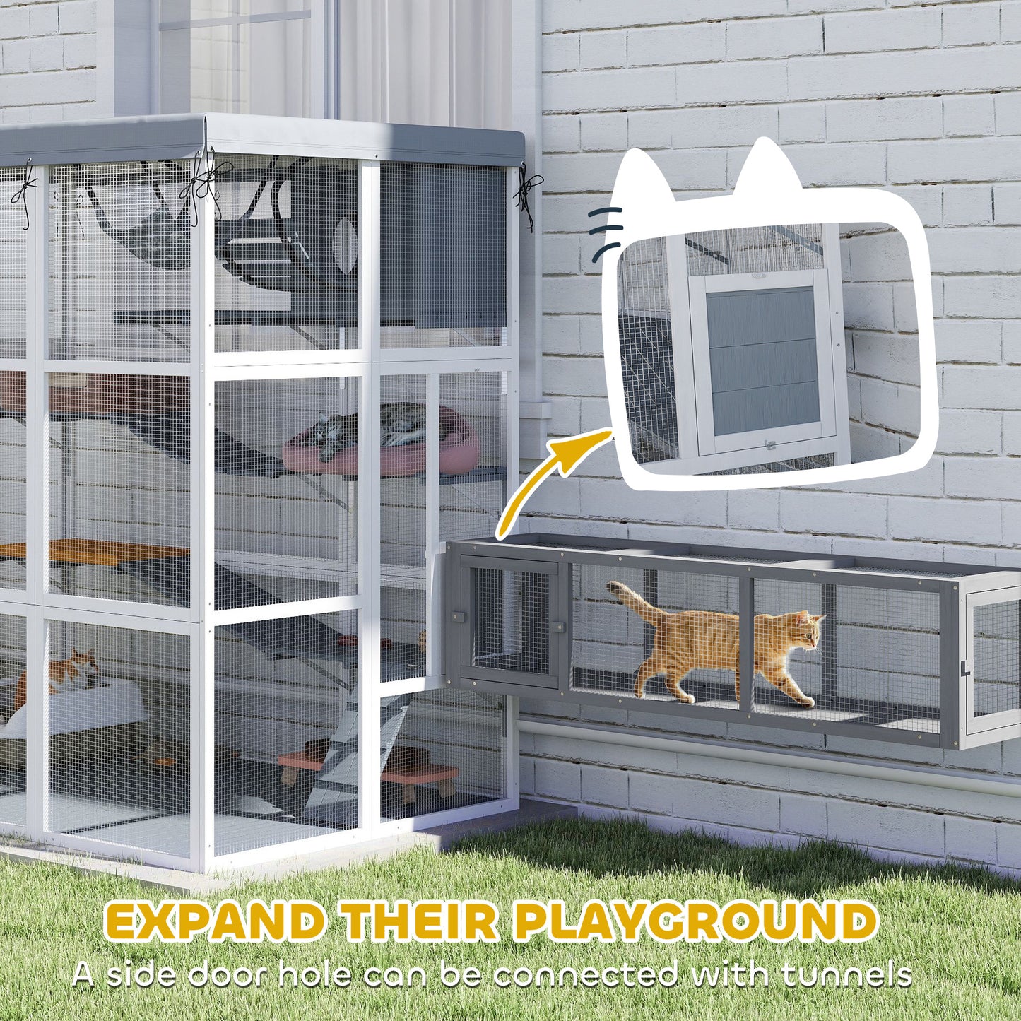 Large Outdoor Catio Cat Enclosure With Hammock, Condo,Platforms, Ladders, Ramps, Tarp, For 2-4 Large Cats, Gray