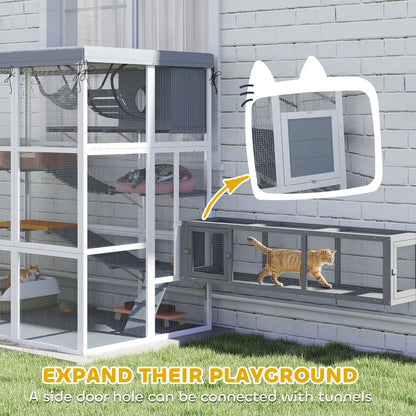 Large Outdoor Catio Cat Enclosure With Hammock, Condo,Platforms, Ladders, Ramps, Tarp, For 2-4 Large Cats, Gray