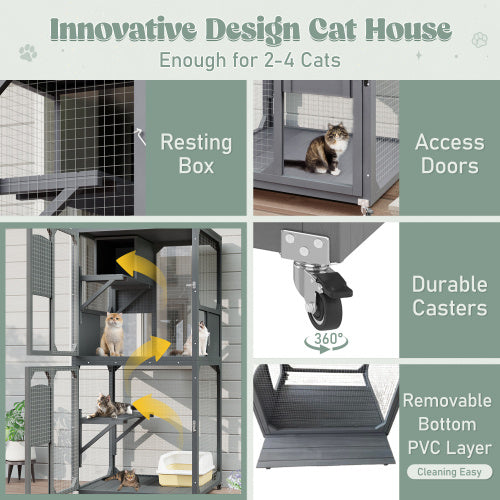 Catio Outdoor Cat Enclosure Window Access, 4 Tiers Cat House With Wheels, Resting Box & Waterproof Roof, Indoor Large Cat House Cage, Gray