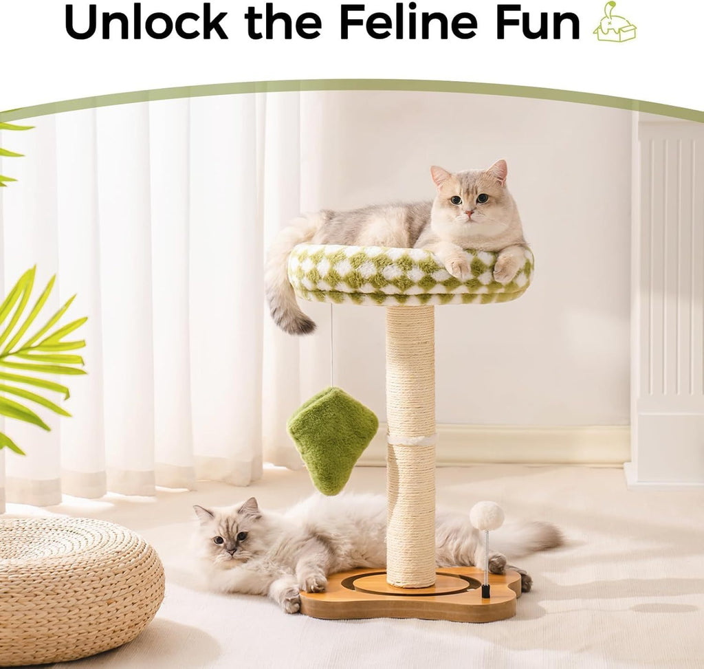 Cat Scratching Post & Bed - 2-in-1 Small Cat Tower With Sisal Scratcher And Ball Track Toys Green, Medium