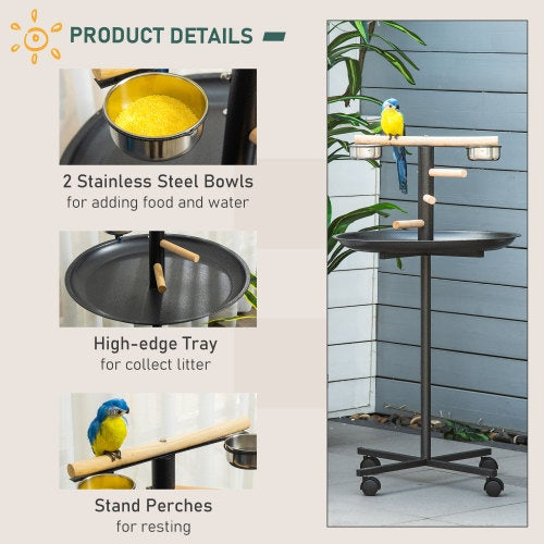 PawHut Bird Play Stand, Portable Parrot Perch, Bird Feeder Station, With Four Wheels, Stainless Steel Feeding Bowls, Round Tray, Grey