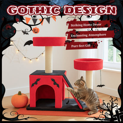 Halloween Cat Climbing Frame Gothic Cat Tree, Cat Tower With Spacious Cat Condo, 2 Padded Perches, Spider Toy, Scratching Posts, Scratching Ladder For Large Cats, Red & Black
