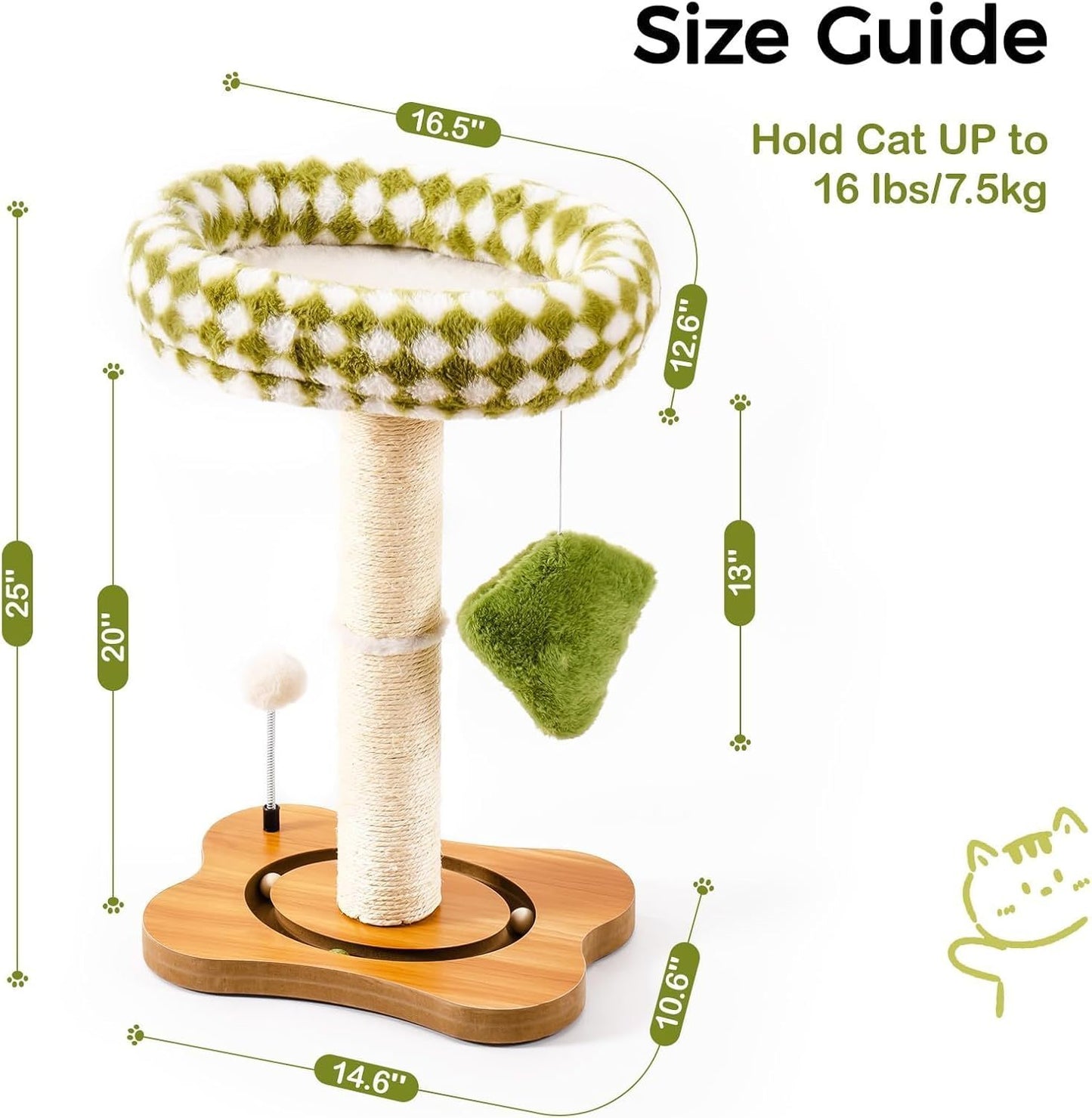 Cat Scratching Post & Bed - 2-in-1 Small Cat Tower With Sisal Scratcher And Ball Track Toys Green, Medium