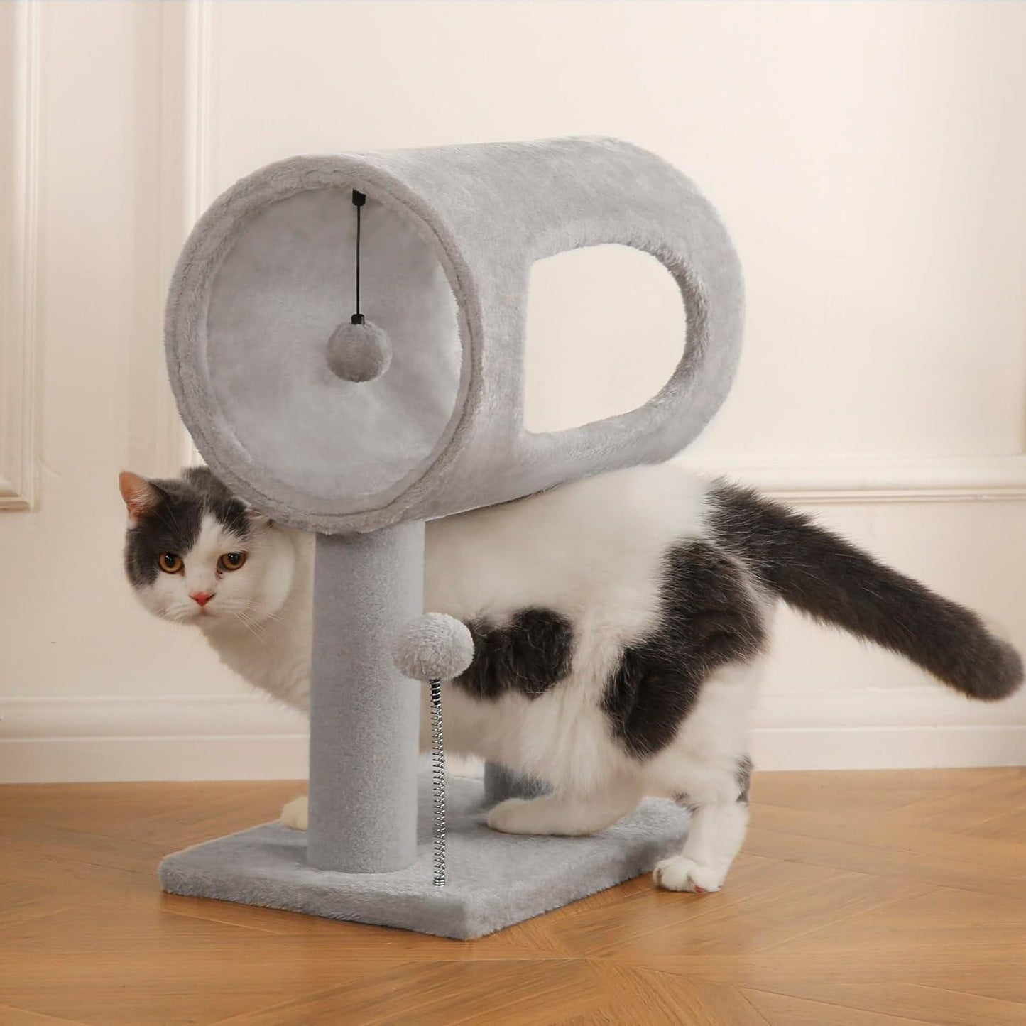 Gray Indoor Cat Tree With Hanging Ball 20.5Cat Tree With Tunnel Bed And Scratching Post Cat Tower