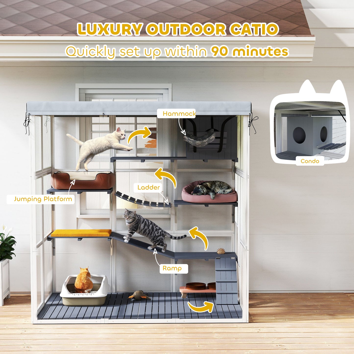 Large Outdoor Catio Cat Enclosure With Hammock, Condo,Platforms, Ladders, Ramps, Tarp, For 2-4 Large Cats, Gray