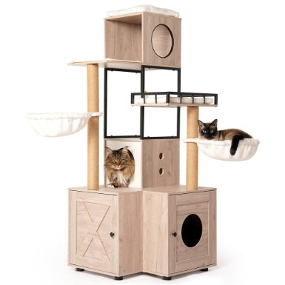 63 Multi-Functional Cat Tree With Litter Box - Includes Removable Washable Cushion, Scratching Posts  Toy Hanger, Modern Design, Rustic Gray