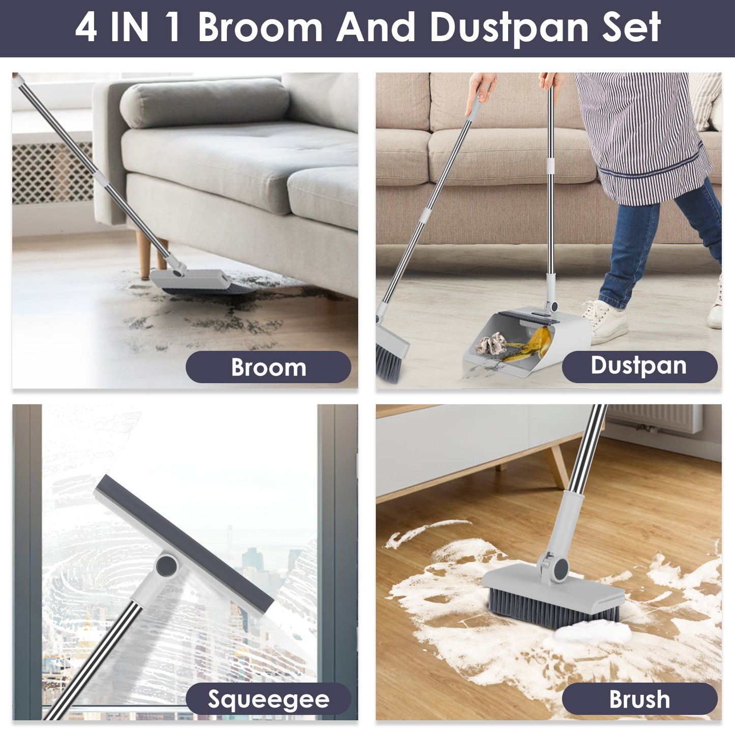 1Set Broom And Dustpan Combo Set With Squeegee Stainless Steel Handle 4 In 1 Upright Standing Broom And Dust Pan For Indoor Outdoor Garage Kitchen Room Office Sweeping