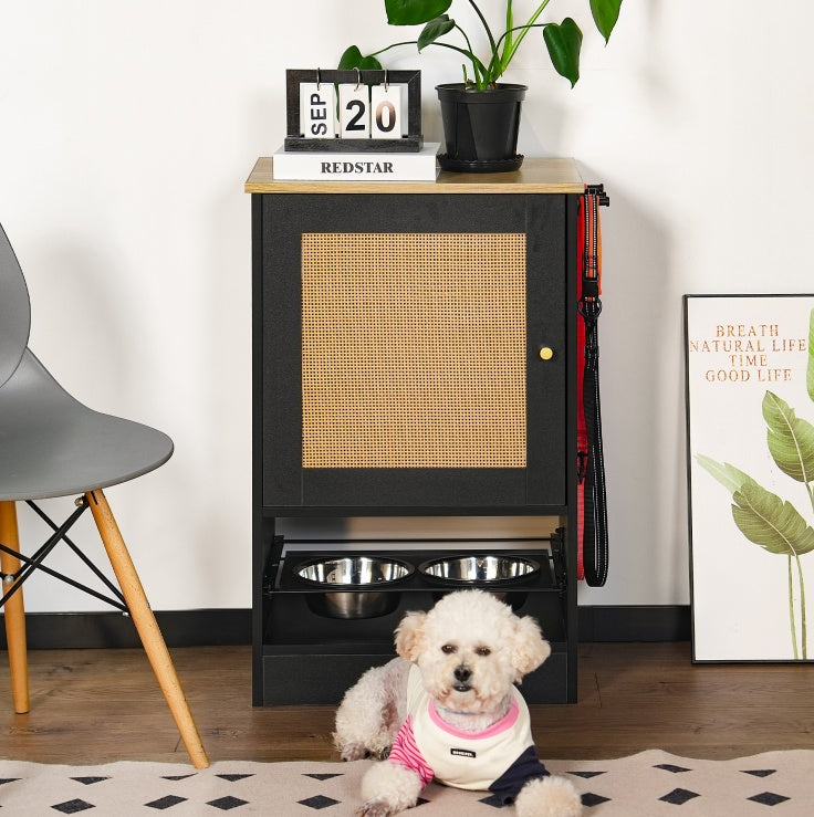 Feeding Station With 1 Locker, Pet Feeding Station With 2 Overhead Dog Bowls, Side Hooks, Anti-Tipping Kit, Concealed Pet Feeding Station For Feeding And Drinking, Black