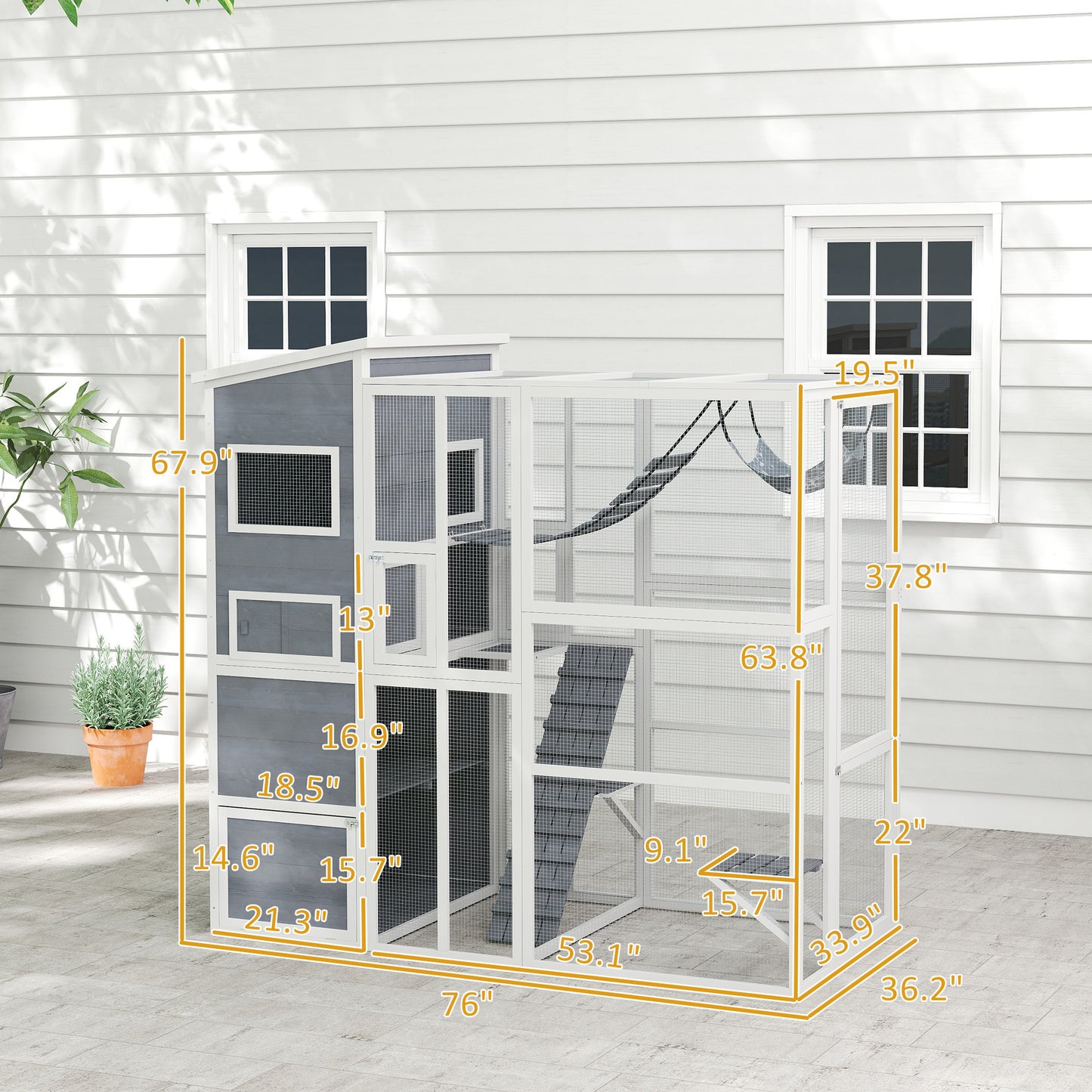 Large Wooden Outdoor, Cat Enclosure W 4 Tier Resting Rooms, 3 Platforms, 1 Soft Ladder, 2 Ramps, 1 Hammock, Gray