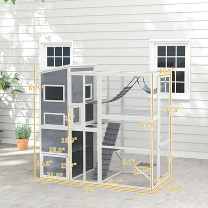Large Wooden Outdoor, Cat Enclosure W 4 Tier Resting Rooms, 3 Platforms, 1 Soft Ladder, 2 Ramps, 1 Hammock, Gray
