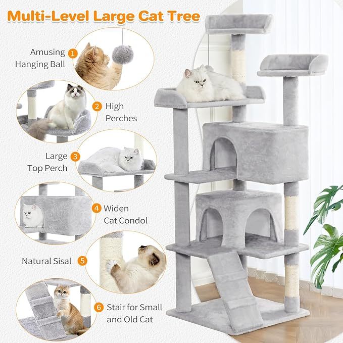 Made for Pets 56-inch Pet Cat Tree For Indoor Cats Multi-Level Cat Tree With 2 Apartments Cat Activity Center With Scratching Posts And Toys Light Gray