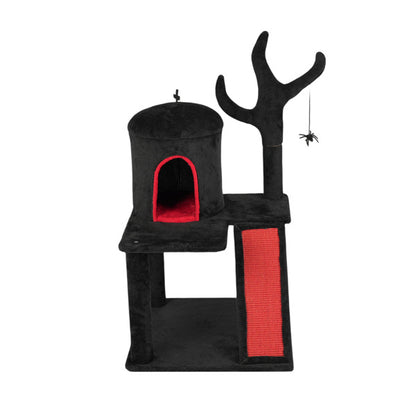 Gothic Cat Tree, Halloween Cat Tower Cat Tree With Spacious Cat Condo, Brach Shaped Scratching Post, Scratching Ladder, Spider Toy For Indoor Cats, Red & Black