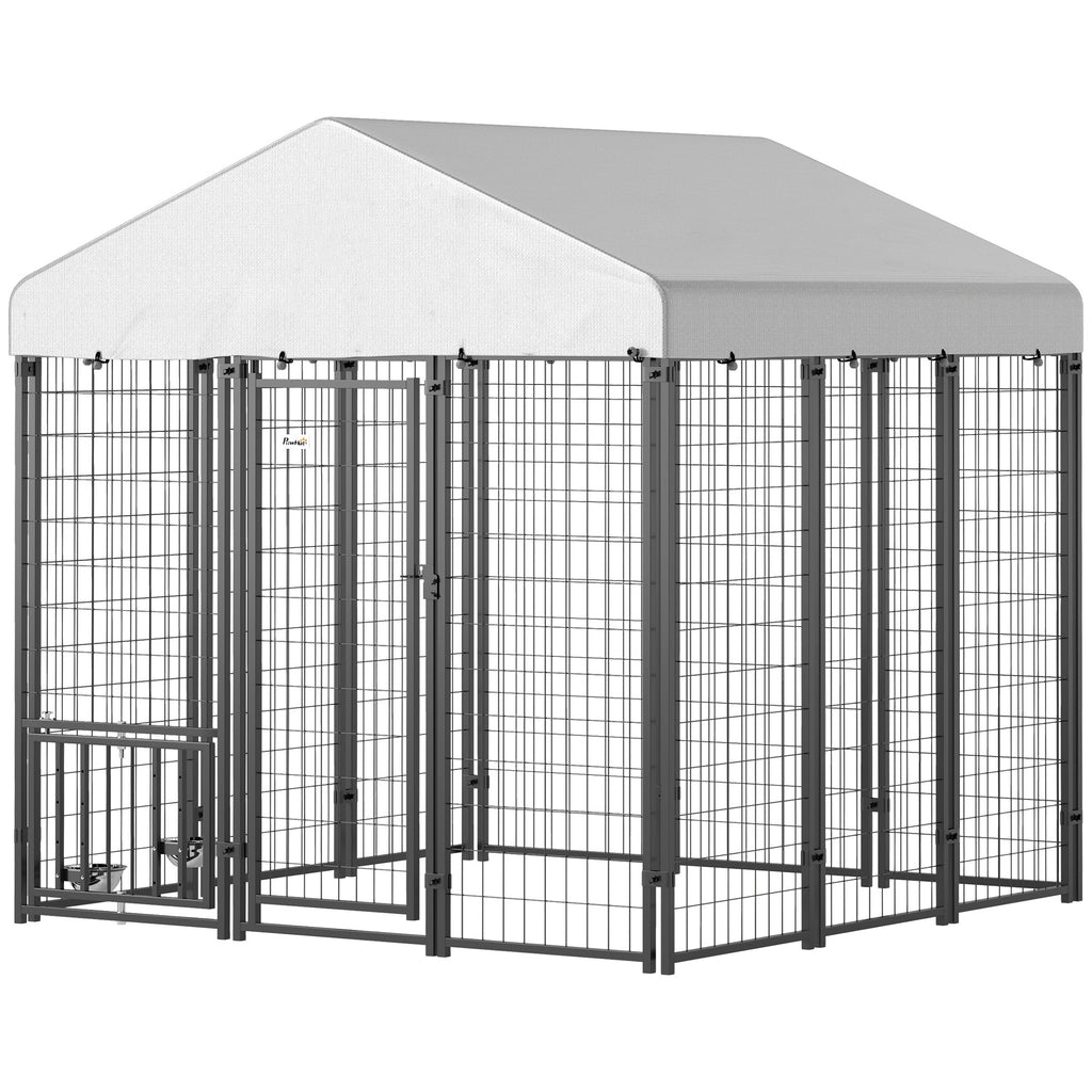 5.9 X 5.9 X 6 Outdoor Dog Kennel With Roof, Rotating & 4-Level Adjustable Bowls
