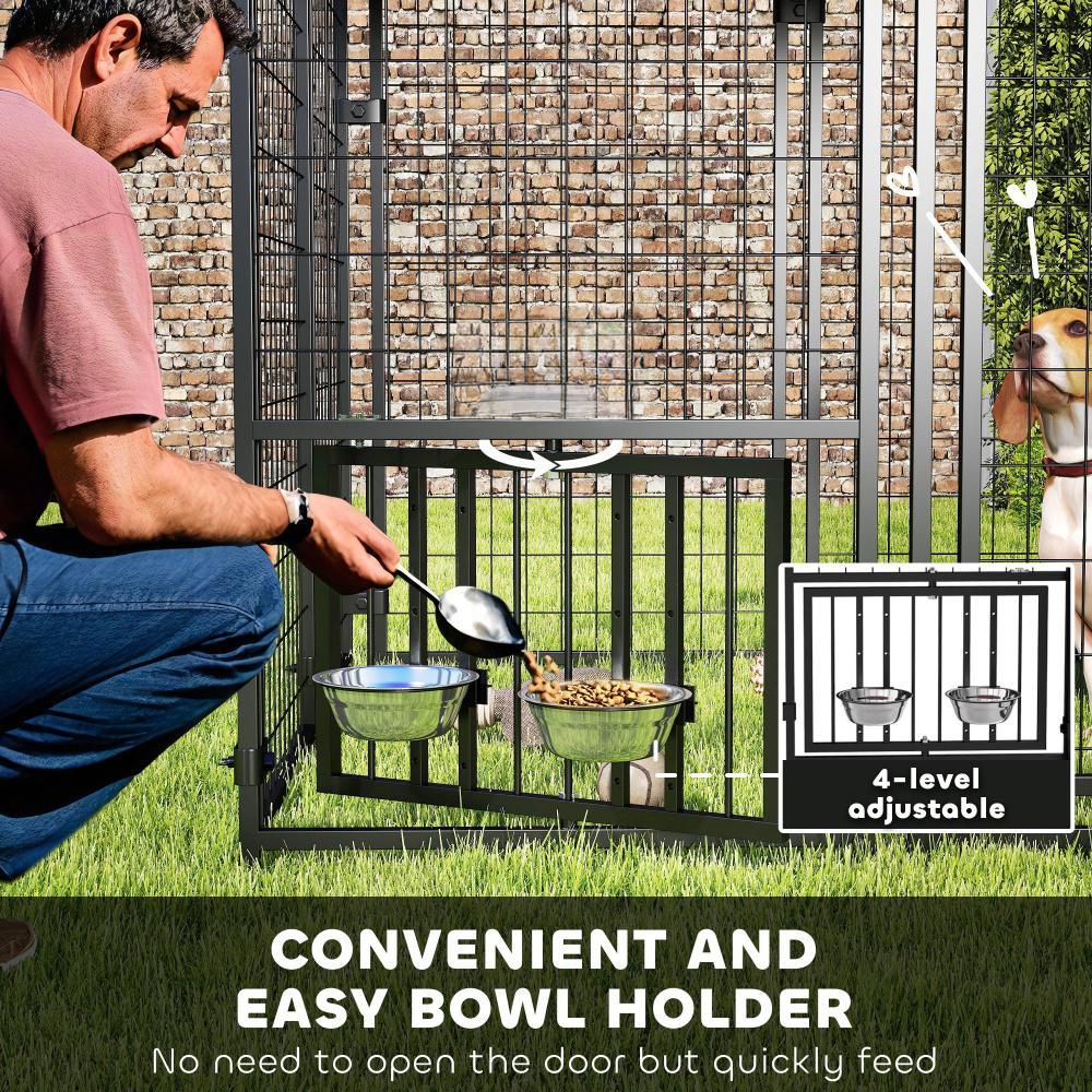 Welded Wire Outdoor Dog Kennel With 360 Rotating & 4 Levels Adjustable Bowls, Waterproof Cover, 4.6 X 4.6 X 5