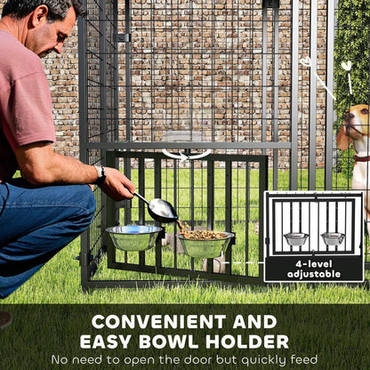 Welded Wire Outdoor Dog Kennel With 360 Rotating & 4 Levels Adjustable Bowls, Waterproof Cover, 4.6 X 4.6 X 5