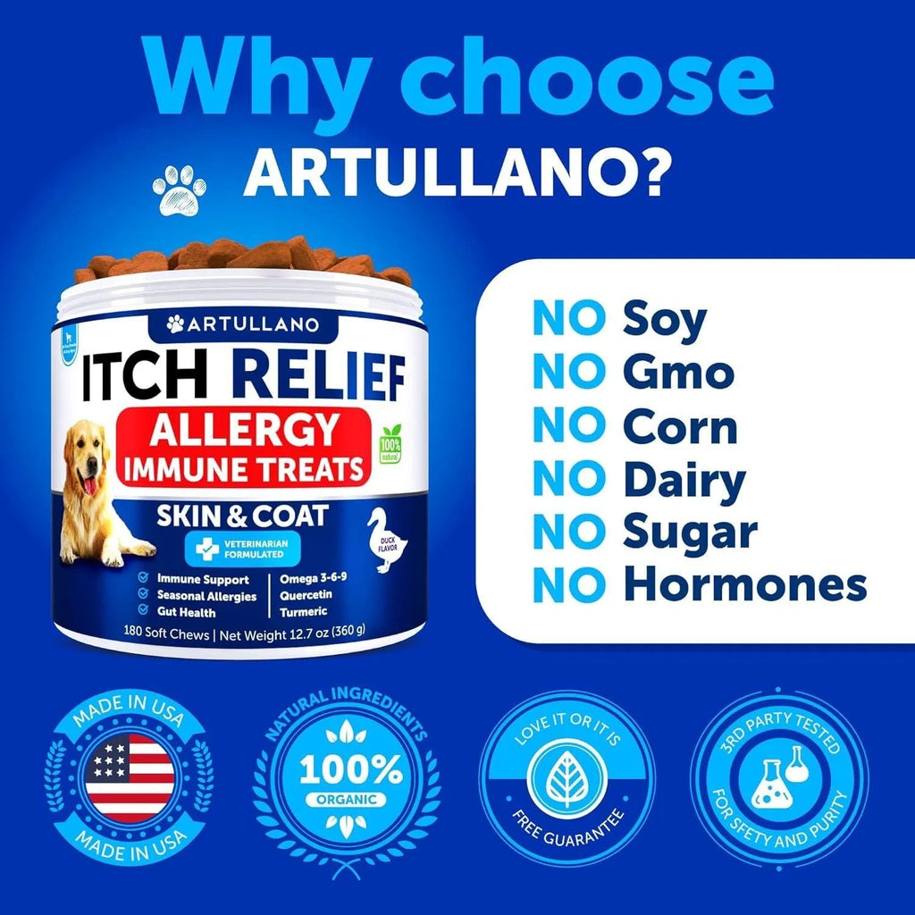 Dog Allergy Relief Chews Itching Skin Relief For Dogs Fish Oil 3 Seasonal Allergies Pills Skin & Coat Anti Itch Hot Spots Treatment Canine Immune Health Supplement 180 Soft Treats