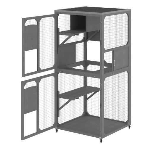 Catio Outdoor Cat Enclosure Window Access, 4 Tiers Cat House With Wheels, Resting Box & Waterproof Roof, Indoor Large Cat House Cage, Gray