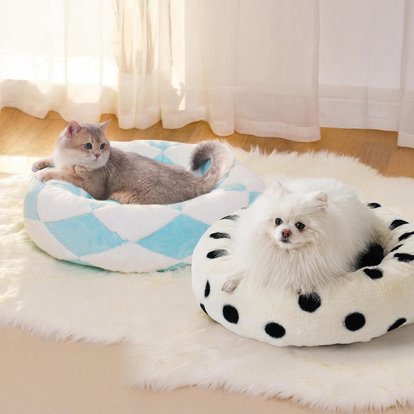 MEWOOFUN Donut Cat Bed For Indoor Cats - Round Washable Plush Pet Bed With Jacquard Shaggy Fabric & Non-Slip Bottom, Calming Small Dog Bed For Puppy & Kitten, 23 Inch Blue Check