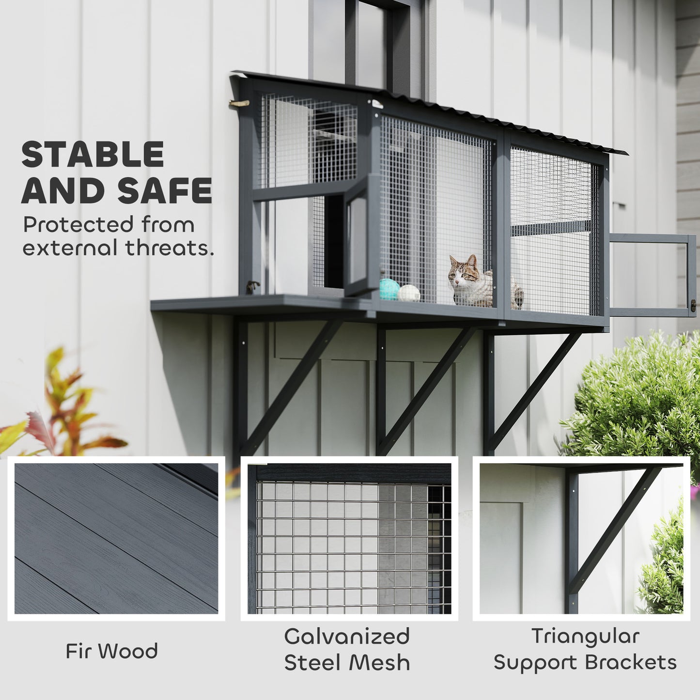 Wooden Cat Catio, Outdoor Cat Enclosure Window Perch With Jumping Platform, For Safely Enjoying Outdoor Sights, Gray