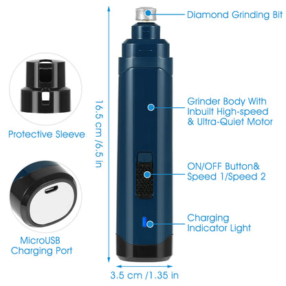 1Pc Dog Nail Grinder 2 Speeds Quiet USB Rechargeable Pet Nail Grinder Professional Pet Nail Trimmer Cordless Paws Grooming & Smoothing Claw Care For Small Medium Large Dogs & Cats